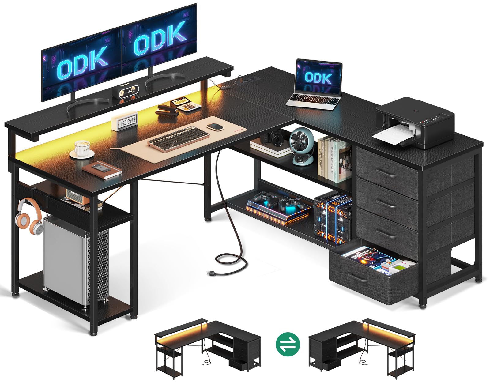 ODK Scrivania con Cassetti, Scrivania ad Angolo Reversibile con 2 Prese e 2 Porte USB, Scrivania ad L con LED per Ufficio a Casa, Nero, 135×110 cm