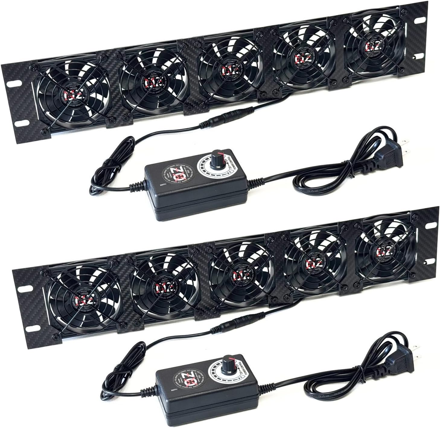 OZ-USA 2U Rackmount Cooling Exhaust + Intake Fan Panel – Quiet High-Airflow 19" Server Network AV Cabinet Cooler Carbon Fiber