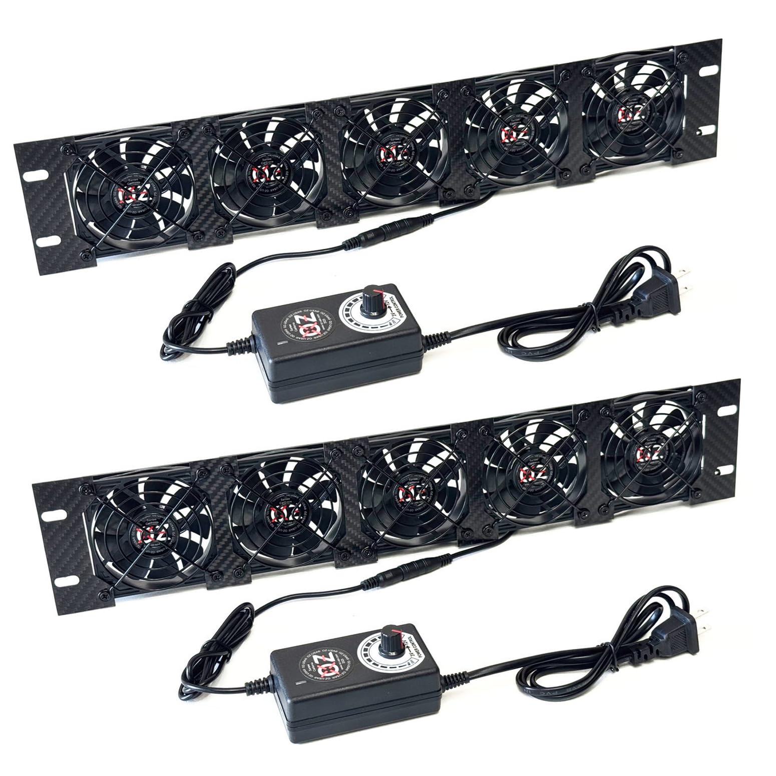 OZ-USA 2U Rackmount Cooling Exhaust + Intake Fan Panel – Quiet High-Airflow 19" Server Network AV Cabinet Cooler Carbon Fiber