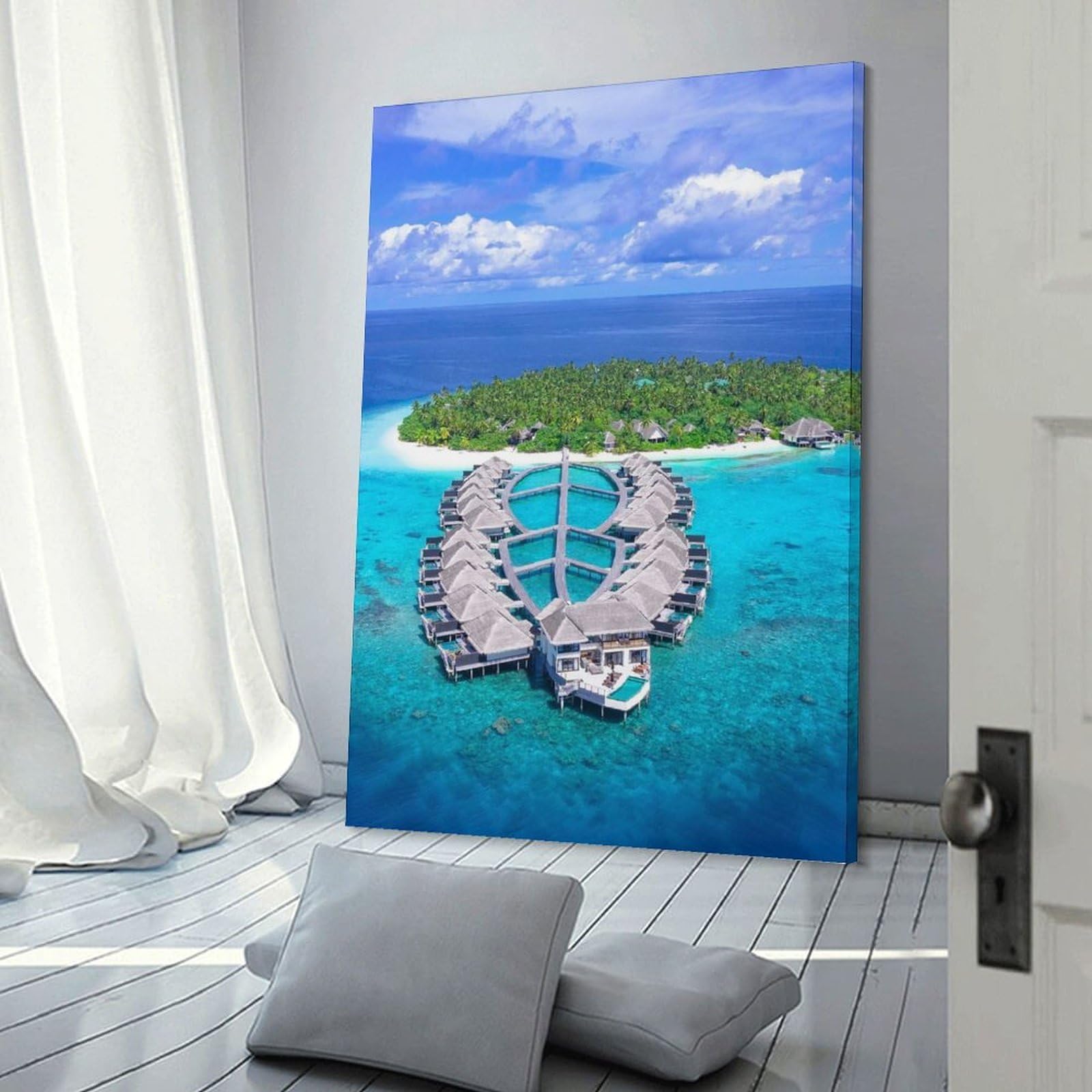 Junmoney Tropical Island Resort Aerial View Canvas Wall Decor, 12x18inch(30x45cm), for Art Walls, Layered Displays Or Homes, Home Wall Art for Statement Displays