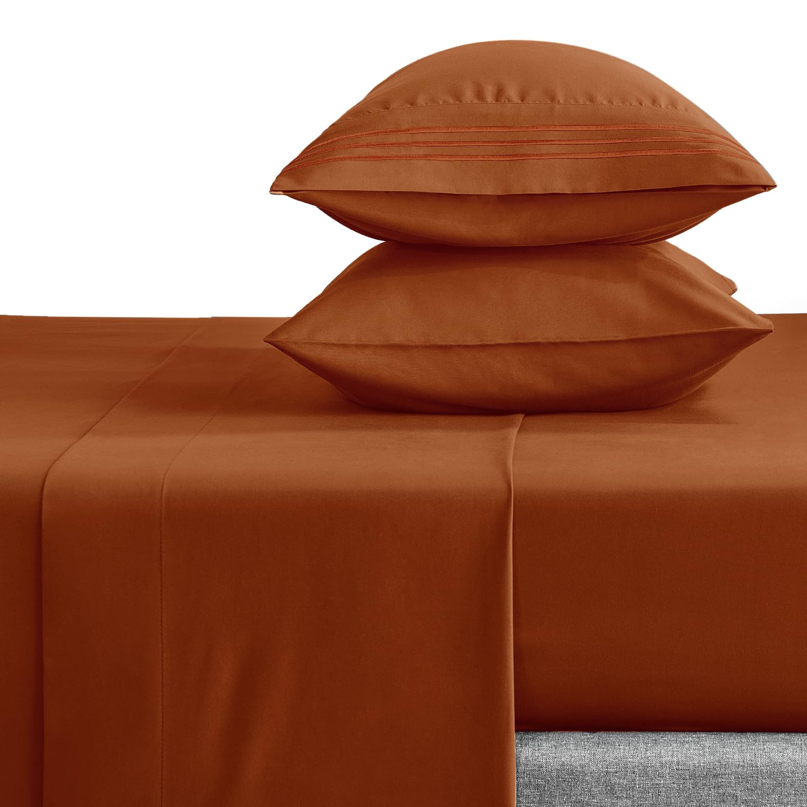 CozyLux Hotel Luxury Queen Bed Sheets Set - 1800 Series 4-Piece Embroidered Microfiber Burnt Orange Sheets Double Brushed