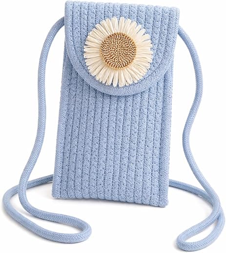 Stylish Daisy Flower Straw Mobile Pouch for Women &amp; Girls Lightweight Crossbody Sling Bag with Shades Hangings, Small Trav...