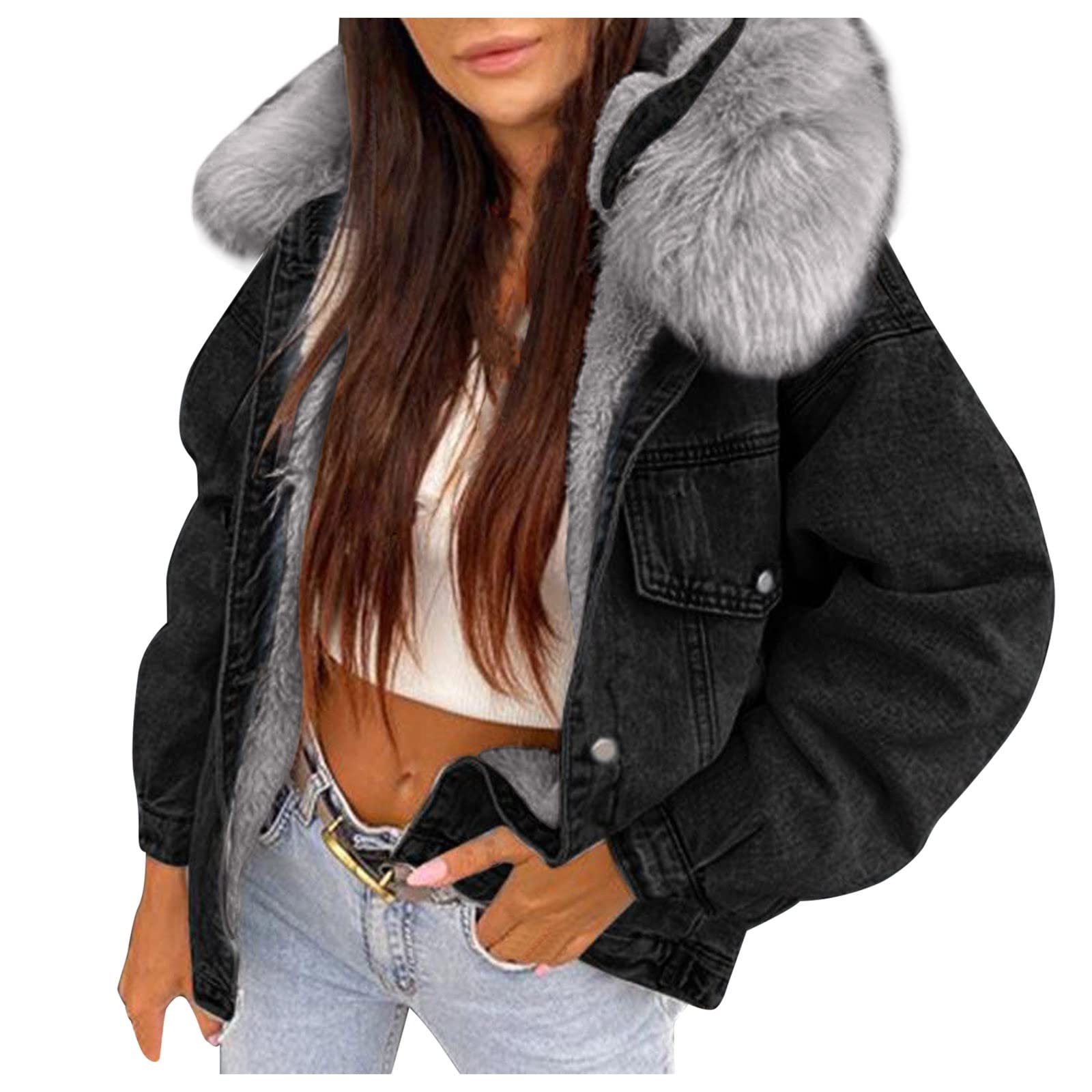 IQYU Chaqueta vaquera con pelo para mujer – Chaqueta de invierno para mujer, chaqueta larga y cálida, forro polar, con capucha, para adolescentes, para exteriores, chaqueta vaquera, chaqueta vaquera,