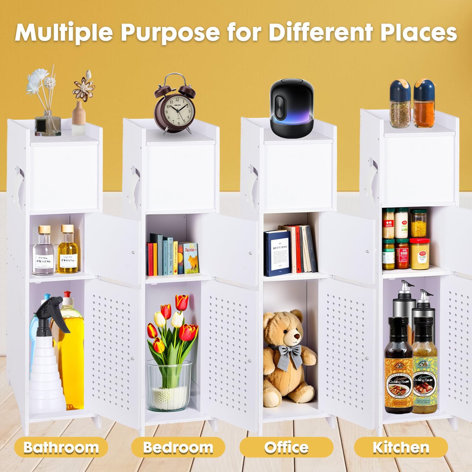 powerking Soporte para papel higiénico, pequeño armario de almacenamiento de baño blanco con puertas, armario de almacenamiento de baño delgado para espacios pequeños de esquina en el suelo