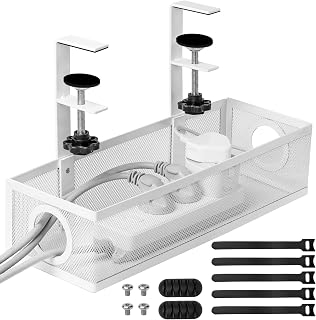 Cable Management Box Under Desk, No-Drill Cable Management Tray, Cord Organizer Rack with Strong Clamp Mount, Wire Management Metal Mesh Basket for Cable, Power Strip, Power Adapters - White