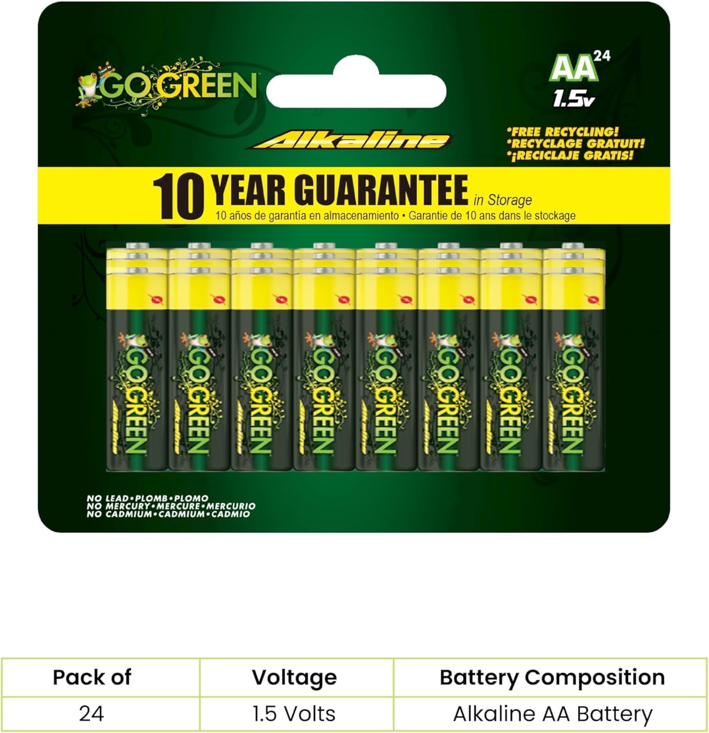 GoGreen Power (G-24011) Eco Friendly Alkaline AA Batteries - No Lead, Cadmium or Mercury - Pack of 24