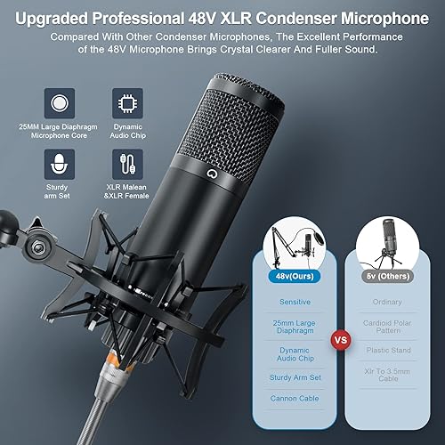 Miniatura 2 de Paquete de equipo de podcast, interfaz de audio y micrófono condensador XLR, equipo de estudio con alimentación fantasma de 48 V, Bluetooth