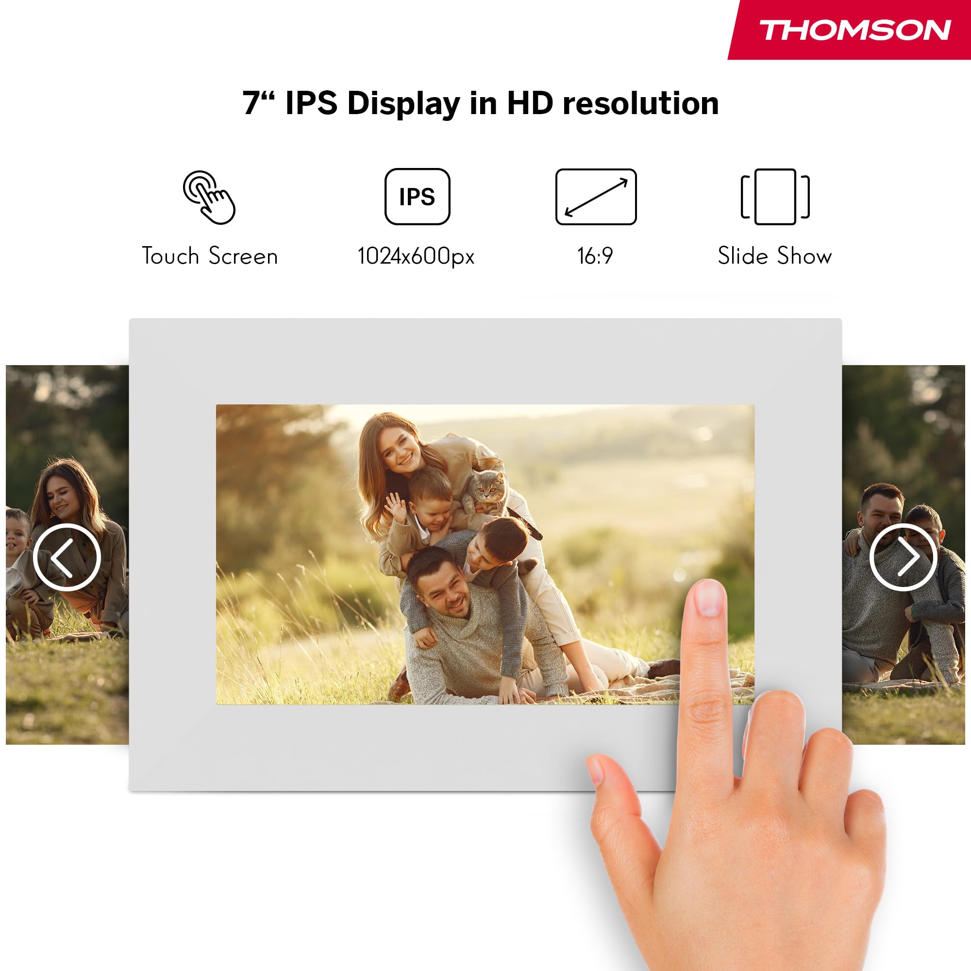 Thomson Cornice Digitale 7 Pollici, Schermo IPS, Touchscreen HD, Condivisione Diretta tramite App, Funzioni Smart, Cornice Fotografica Elettronica con 32 GB di Memoria, Rotazione Automatica, Bianca