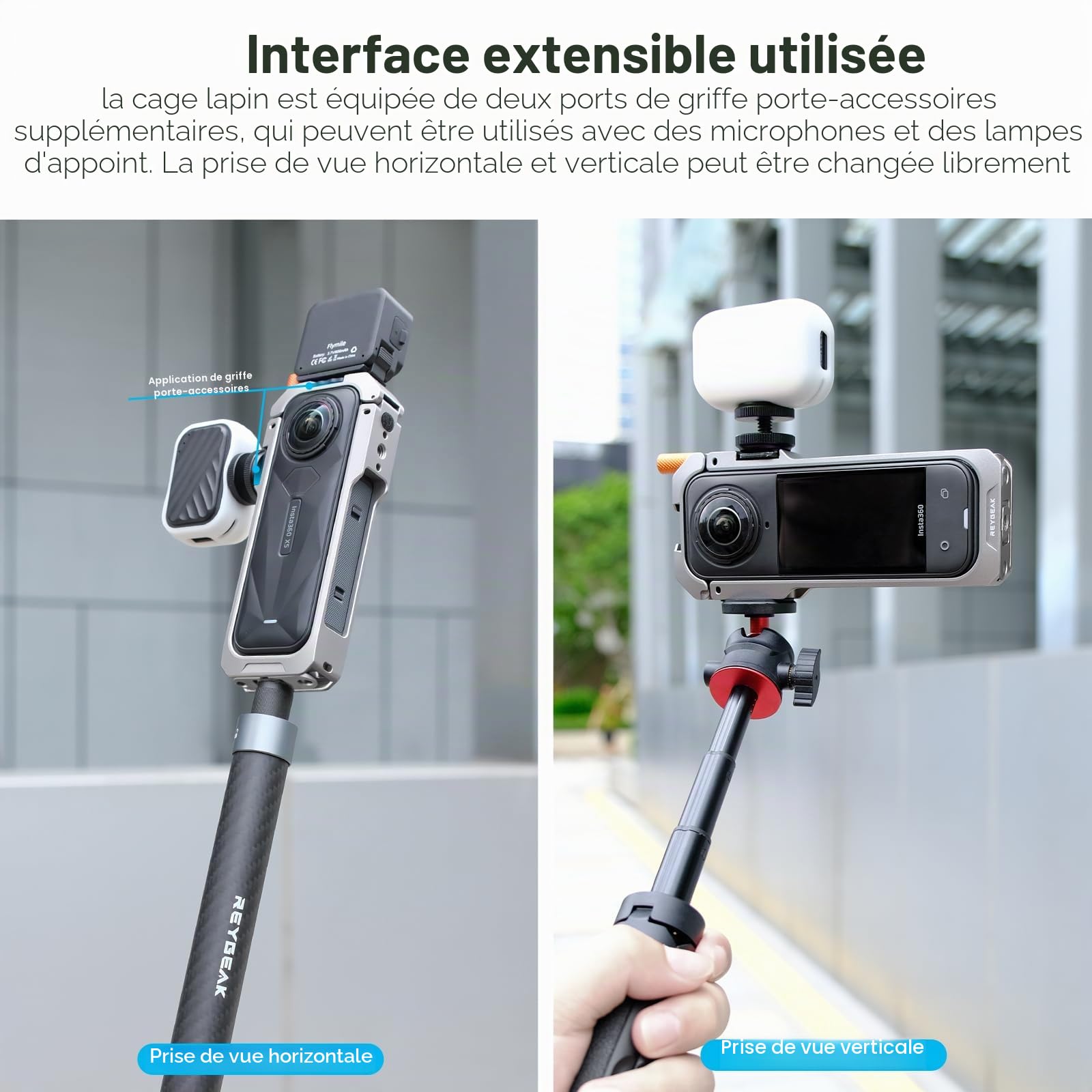 REYGEAK pour Insta360 X5 Cadre d'utilité,Cage de caméra en Aluminium pour Insta360 X5,Boîtier Protecteur avec Couvercle de lentille en Silicone,Boîtier Protecteur avec 1/4 Fil Doits pliants