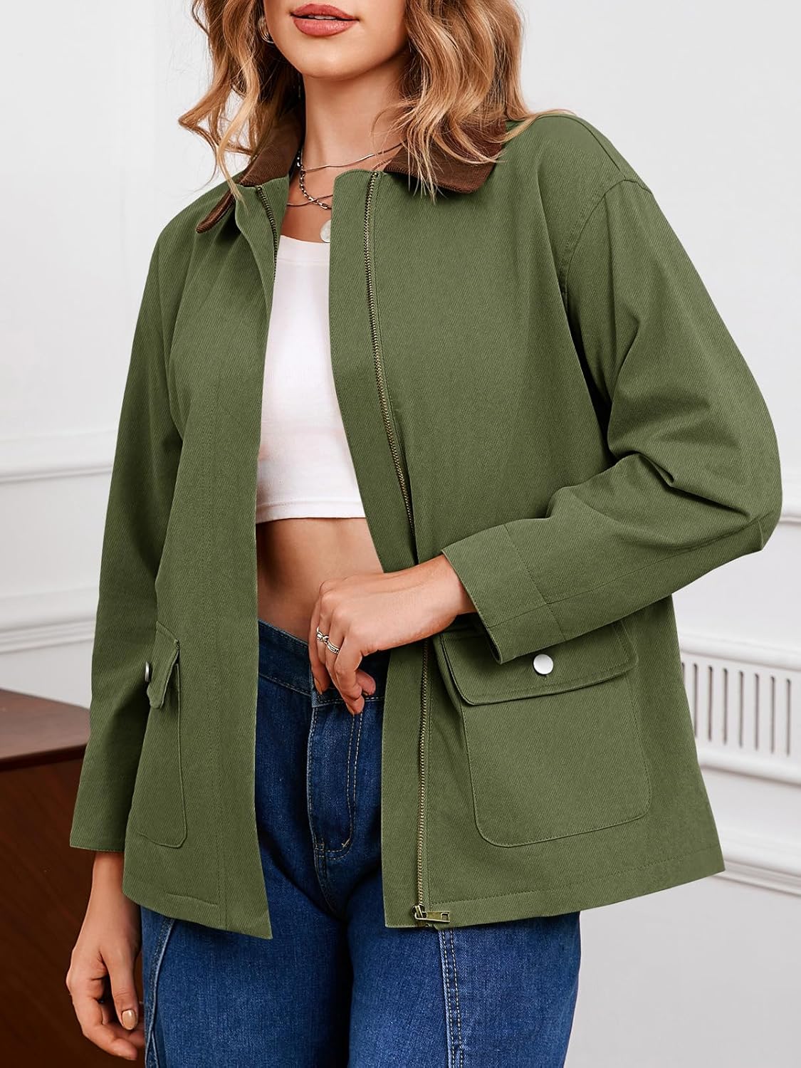 Tankaneo Womens Oversized Barn Jacket Zip Up Military Safari Jackets Fall Color Block Vintage Trench Coat with Pockets - Image 2