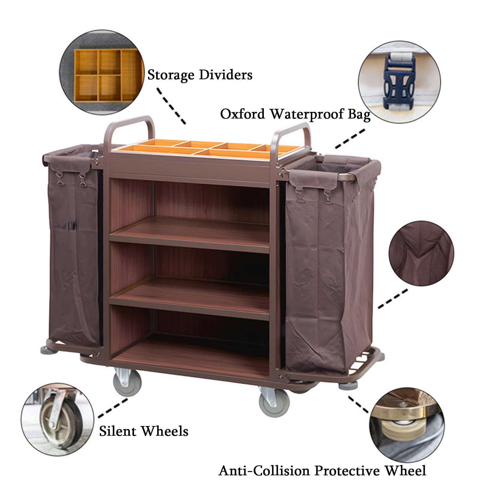 Carrito de limpieza comercial con ruedas silenciosas, carrito de limpieza impermeable para oficina, hotel y escuela, bolsa Oxford duradera, 1520 x 460 x 1140 mm