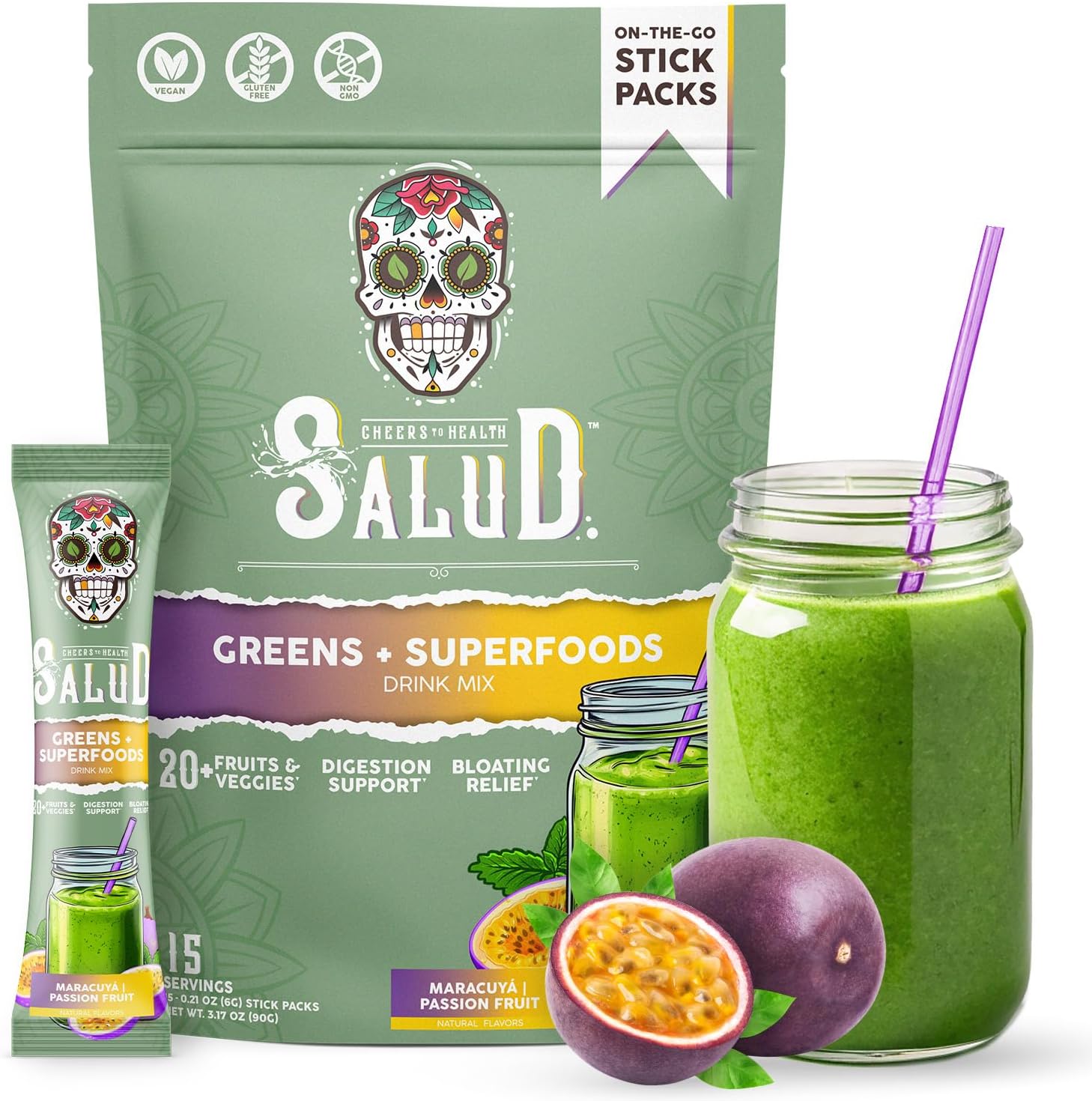 Salud 2-in-1 Greens Powder + Superfood Drink Mix Packets, 20+ Fruits and Veggies, Probiotics, Prebiotics, Supports Digestive Health, Bloating Relief, Vegan, Passion Fruit (15 Servings)