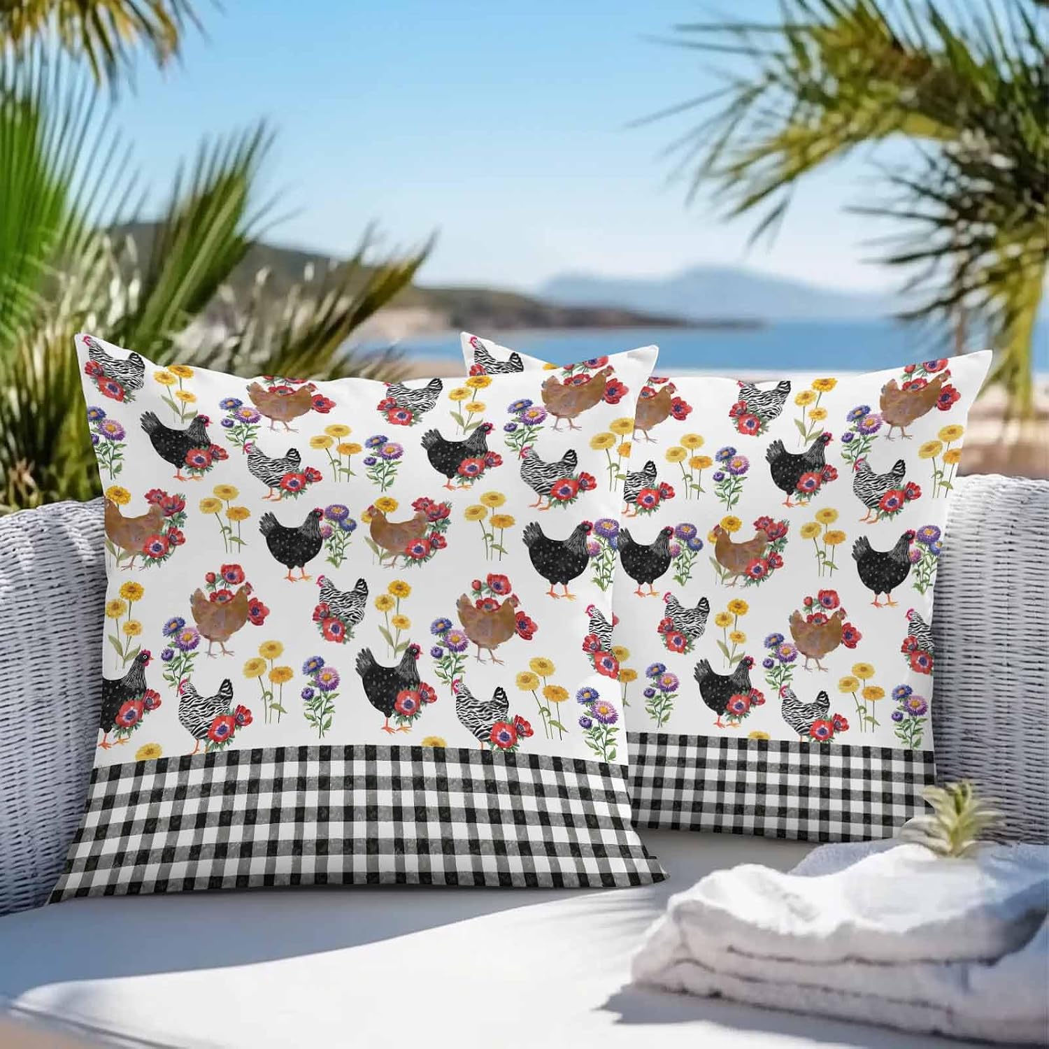 Farm Chicken Outdoor Pillow Covers 18 x 18 inch Set of 2 Farmhouse Rooster Colorful Flower Leaf Black Buffalo Plaid Waterproof Throw Pillow Cover Cushion Case for Home Patio Furniture Garden Porch