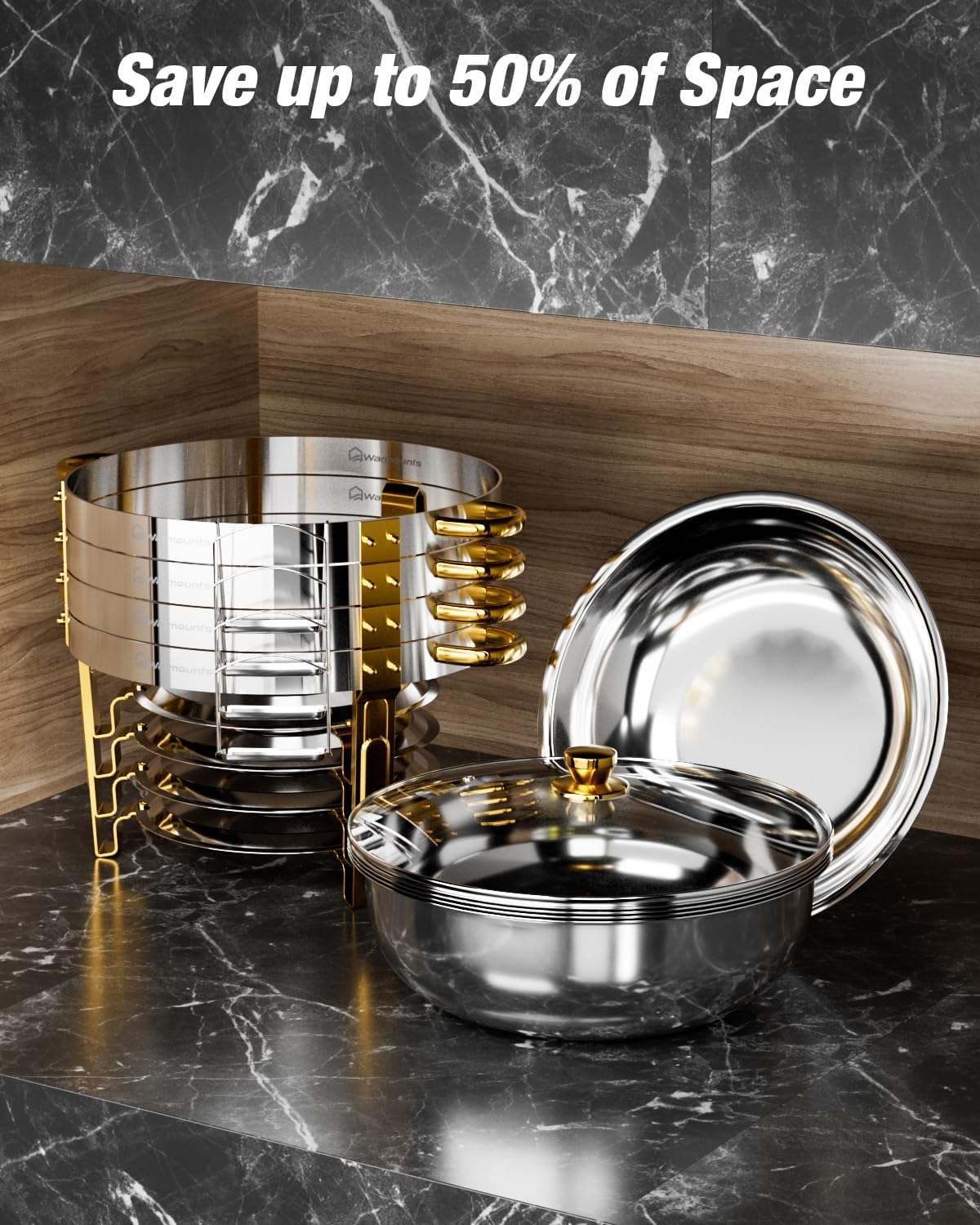 WARMOUNTS Gold Chafing Dishes for Buffet with Glass Lid (5QT, 4Pack), Round Chafers and Buffet Warmers Set with Mirror-Polished Stainless Steel, Rolled Rim, Stackable, Lid Holder for Parties, Weddings