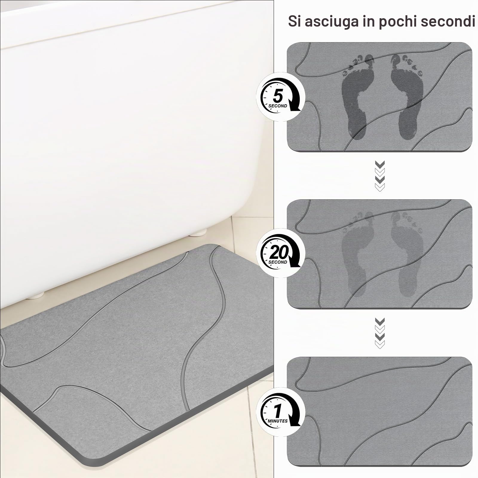 Tappetino da bagno in pietra, 100% terra di diatomacea naturale, antiscivolo, super assorbente, ad asciugatura rapida, facile da pulire (grigio scuro)