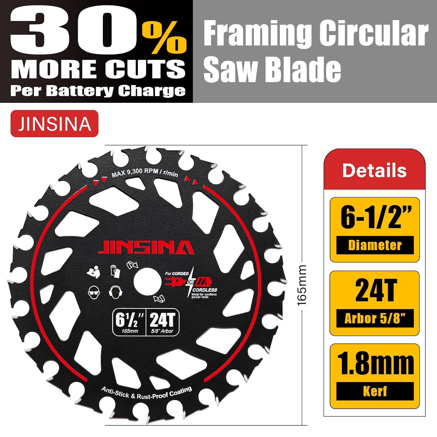 3PCS 6-1/2” Framing Circular Saw Blades for All Cordless Saws, 24T Fine Finish TCT Cutting Saw Blade, Light, Thin Kerf, Energy Efficient for Cutting Wood, Plywood, MDF, OSB, Hardwood, Softwood