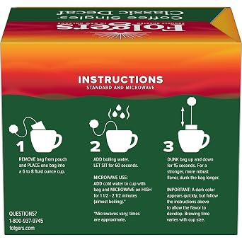 Folgers Classic Decaf Instant Coffee Singles, Medium Roast, 19 Count | 3-oz. single bags, Decaffeinated coffee