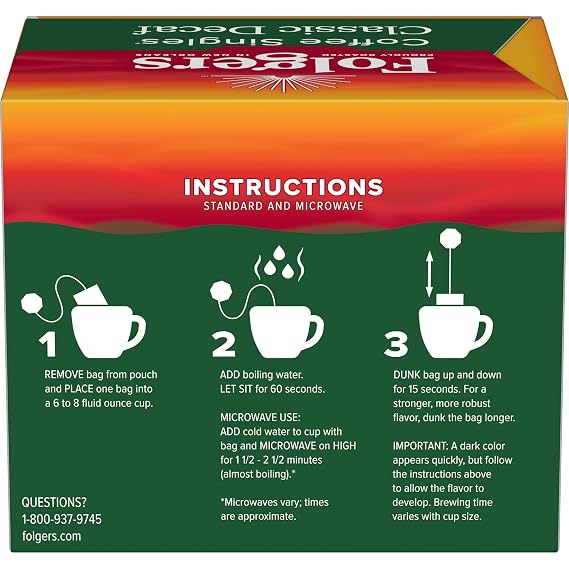 Folgers Classic Decaf Instant Coffee Singles, Medium Roast, 19 Count | 3-oz. single bags, Decaffeinated coffee