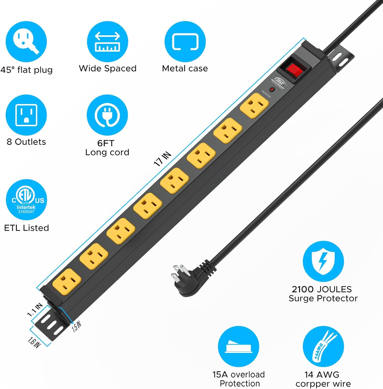 CRST 8-Outlet Heavy Duty Power Strip Surge Protector (2100 Joules), Mountable Metal Long Power Bar with 6FT 14AWG Extension Cord, 15A Circuit Breaker, ETL Listed for Garage, Workshop, Office