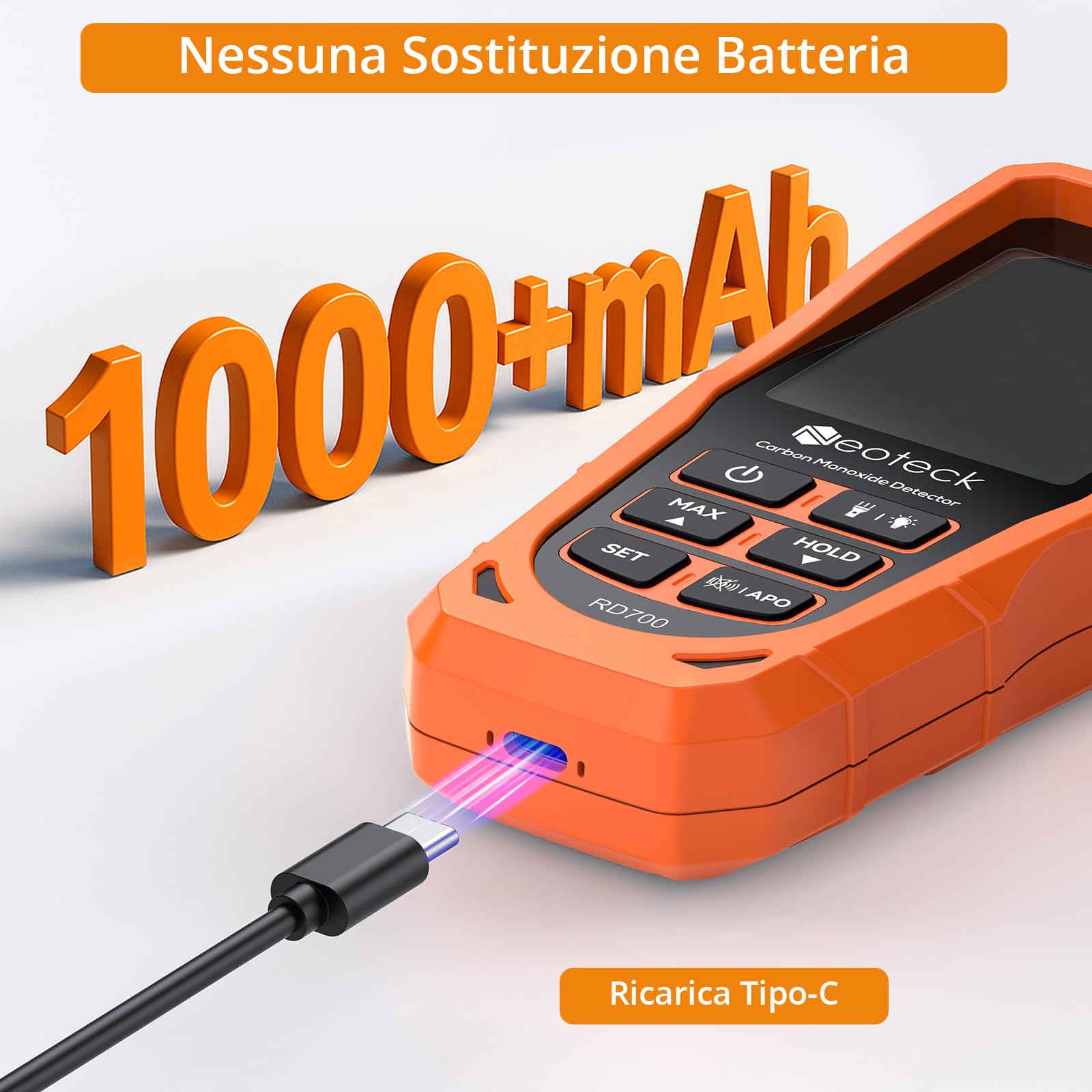Neoteck Rivelatore Portatile di Monossido di Carbonio 1000 PPM (10% Precisione) CO Detector con Soglie Regolabili, Doppio Allarme Visivo/Acustico, Ricarica USB e Torcia per Casa, Camper e Viaggi