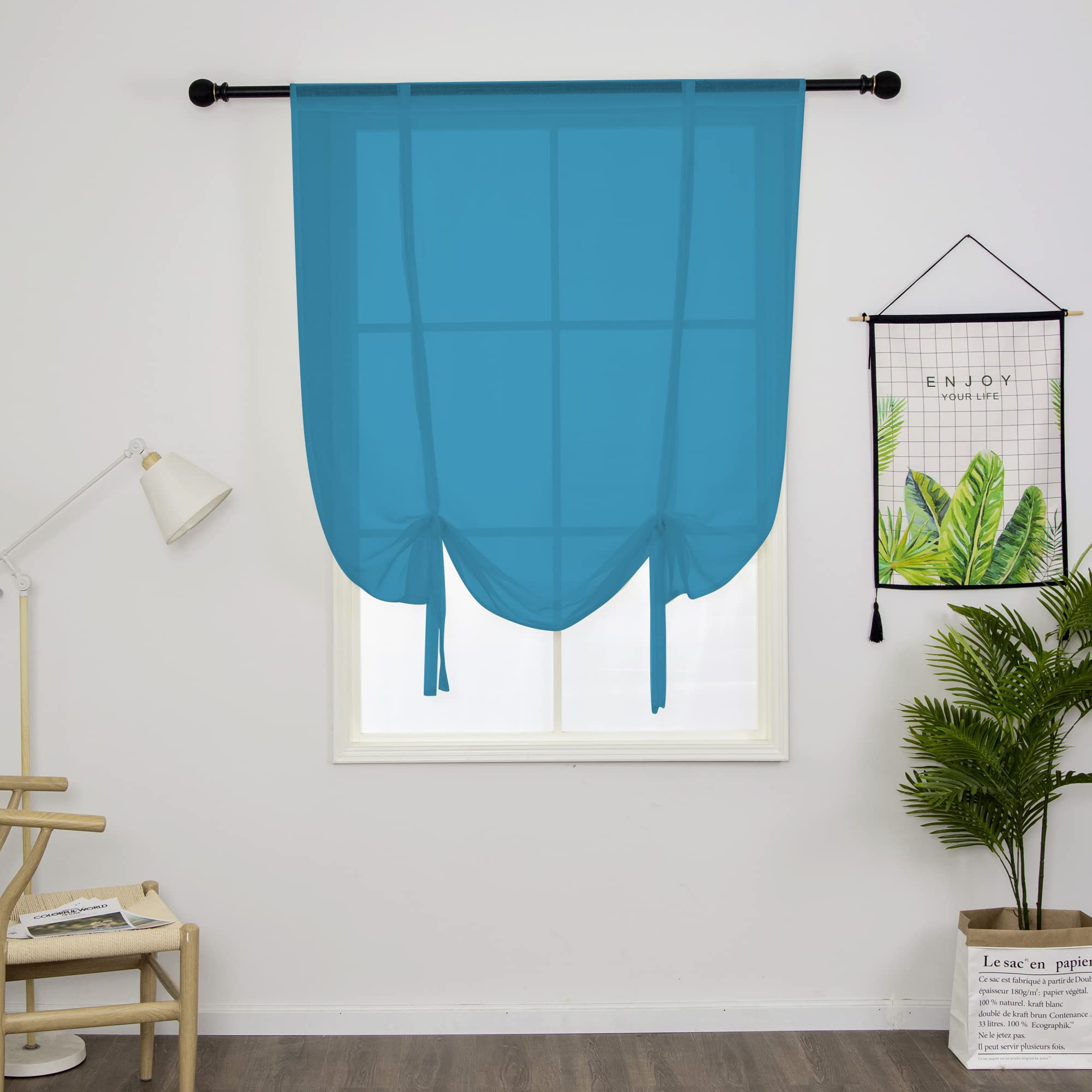 SIMPVALE 1 Piece Roman Blind Translucent Tulle Curtains Vertical Rod Pocket for Bedroom Kitchen Living Room Blue Width 80 cm x Height 140 cm