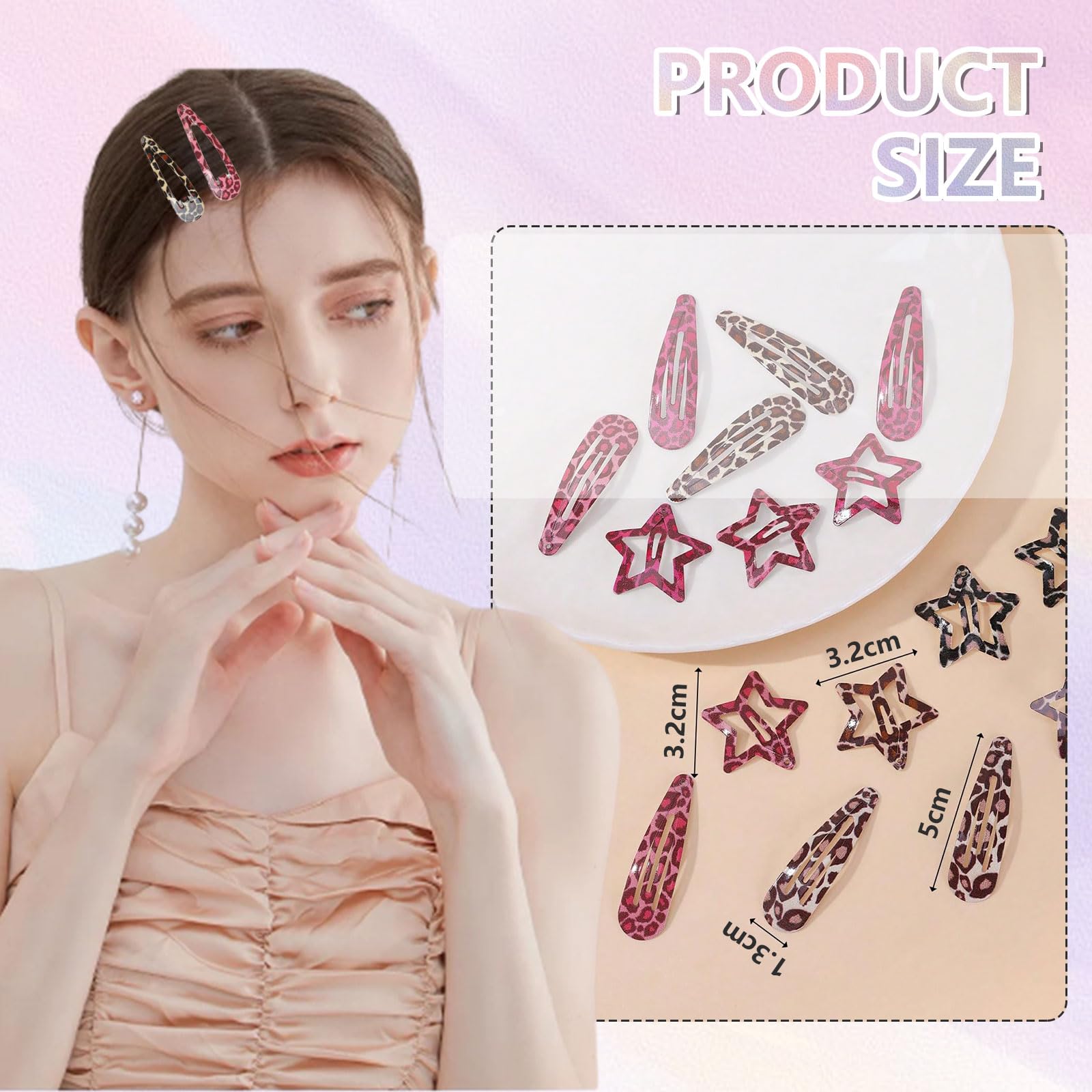 Shimmerz 8 Pc Metal Snap Hair Clips, Star and Drop Hair Clips, Non-slip Y2K Accessories for Thin and Thick Hair (Pink and Brown Leopard Print) - Image 2