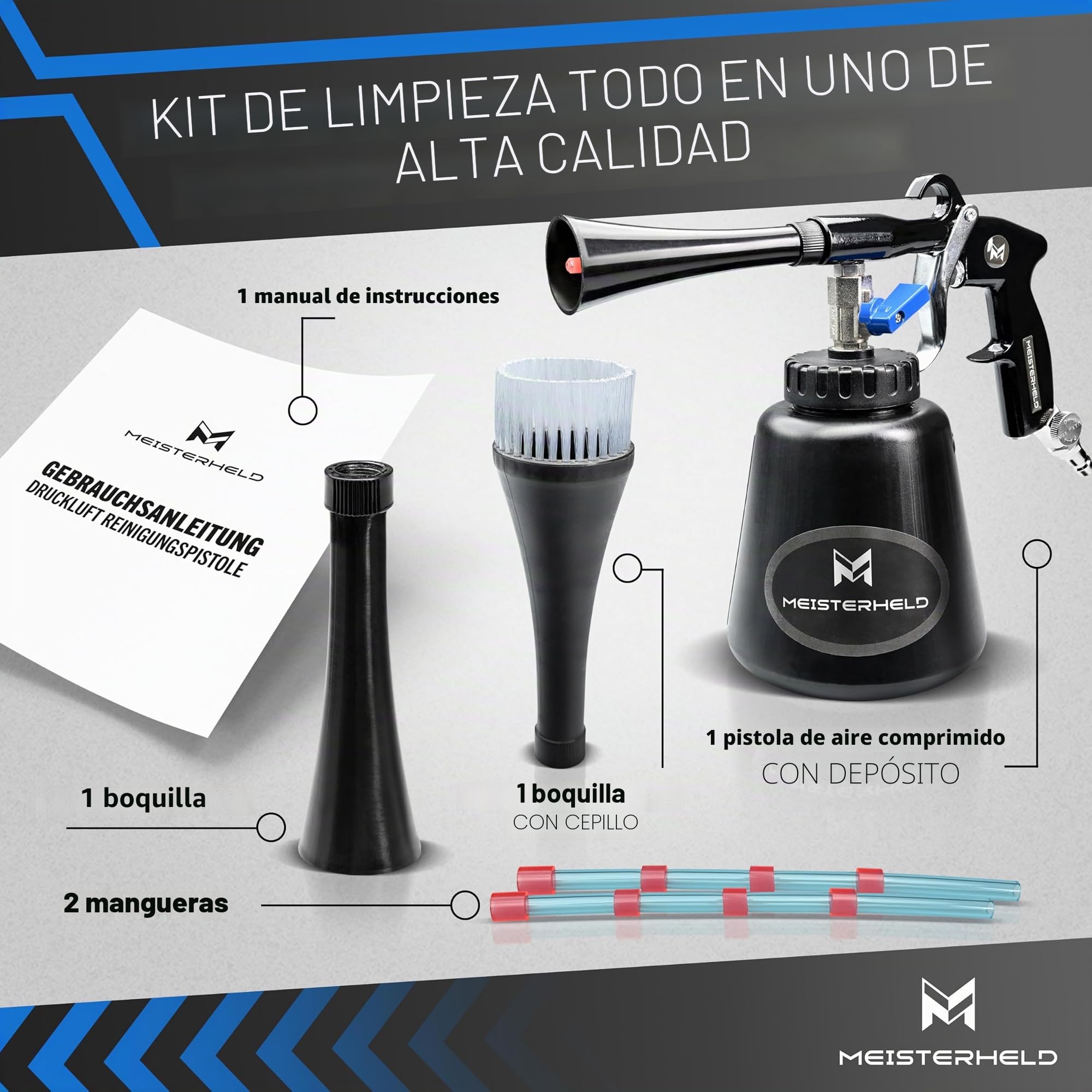 Pistola de limpieza de aire comprimido – Limpiador preciso en seco y húmedo para coche, alfombra y demás – Pistola de aire con depósito de agua, accesorio de cepillo y válvulas