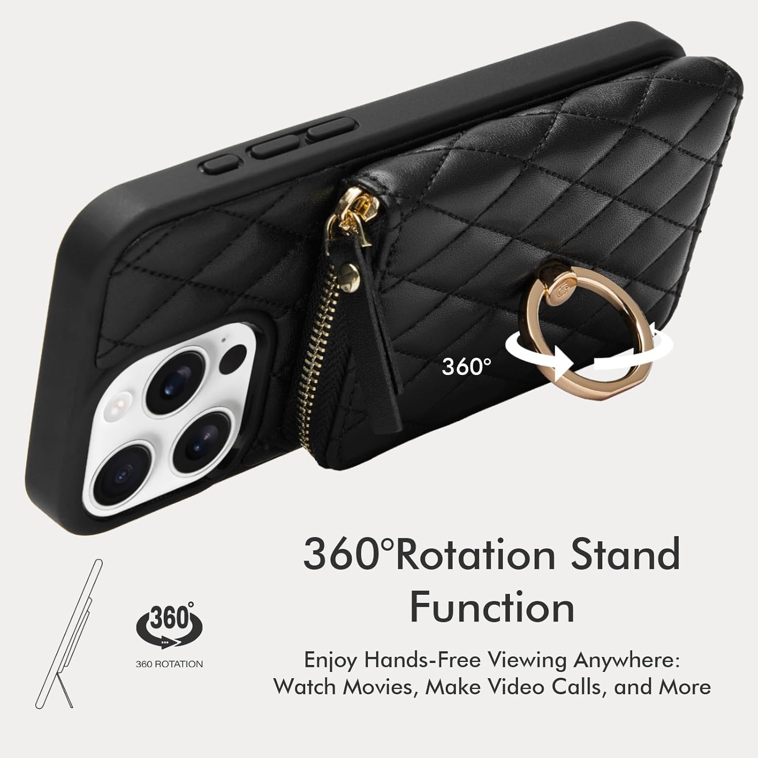 ZVE for iPhone 16 Pro Max Wallet Case for Women, Crossbody Case with Wrist Strap Protective Leather Lanyard with Ring Holder Flip Cover 6.9 Inch - Black