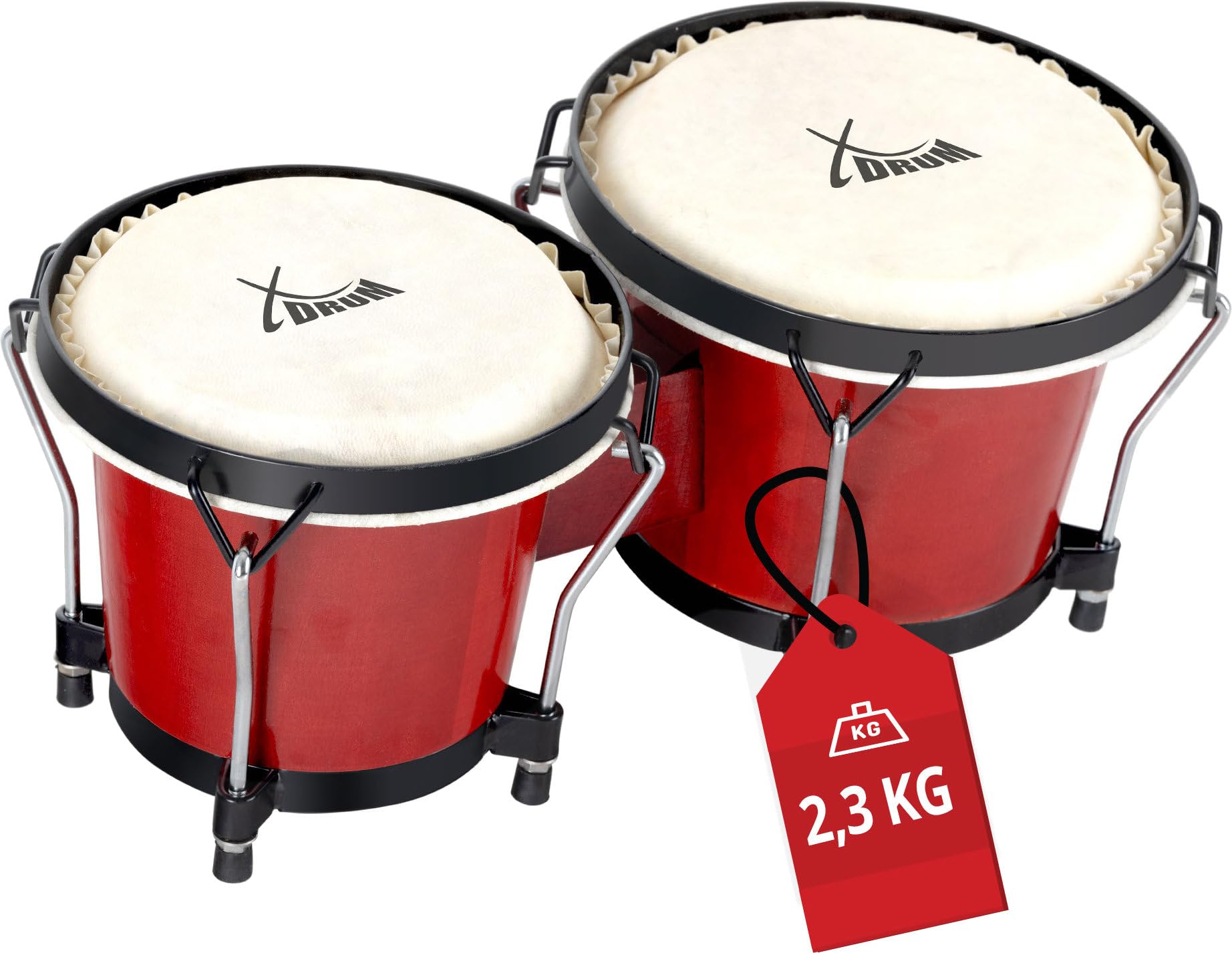 XDrum Bongo Club Standard 17 cm (6 3/4 inches) Macho and 20 cm (8 inches) Hembra Wooden Percussion Wine Red Wooden Bongo Drum Skins Natural