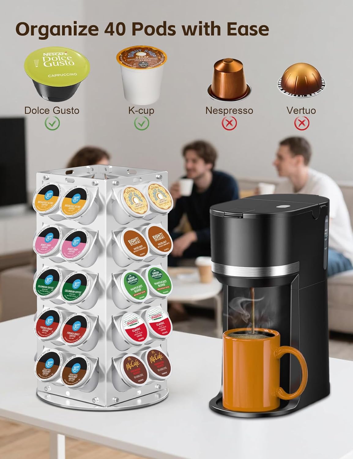 K Cup Holder, Coffee Pod Holder for Keurig – 360° Rotating Aluminum Coffee Organizer for Countertop,Saving Design with Anti-Slip Base for Kitchen or Office,Capacity of 40 Pods (Silver)
