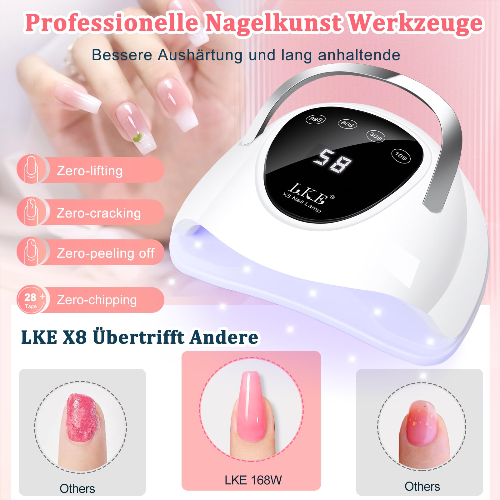 LKE UV Lampe für Gelnägel 168W led lampe nägel UVs Lampes Nägel mit 4 Timer LCD Display Smart Sensor Premium Nageltrockner UV LED Lampe für Nägel Professionelle Nagellampe für Zuhause & Nagelstudio
