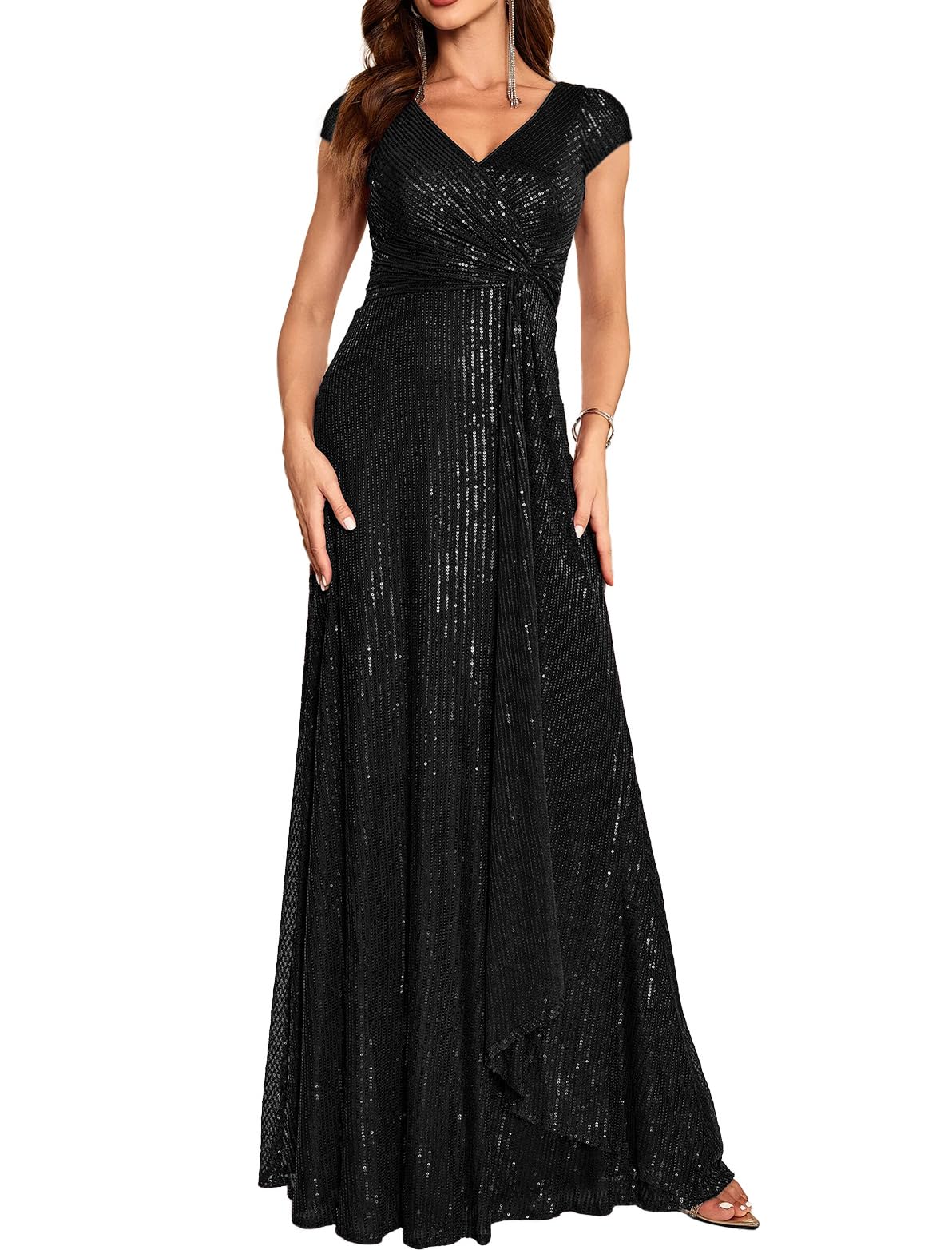 meilun Short Sleeve Sequin Dress for Women Formal Evening Gowns Sparkly V Neck 1920s Long Dress