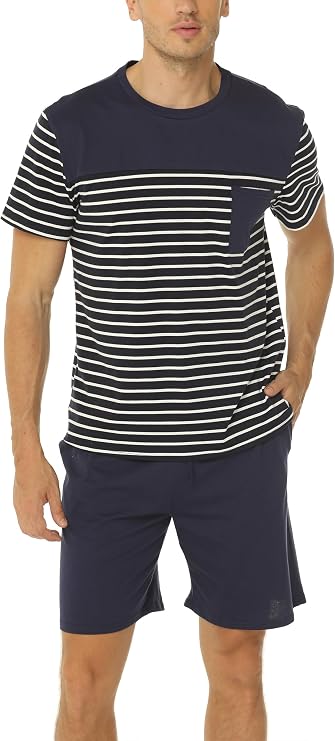Men's Pajama Set Cotton Pajamas Striped Short Sleeve & Shorts Pjs Sets Sleepwear Summer Lounge Set With Pockets