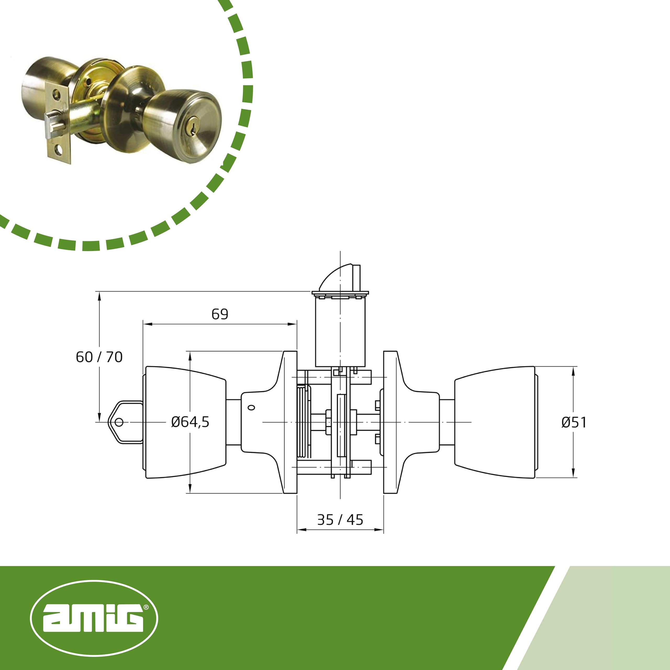 Amig - Poignée de porte - Loquet d'entrée 60/70 mm - Avec serrure intérieure - Pour portes en bois de 35 à 45 mm d'épaisseur Système anti-carte