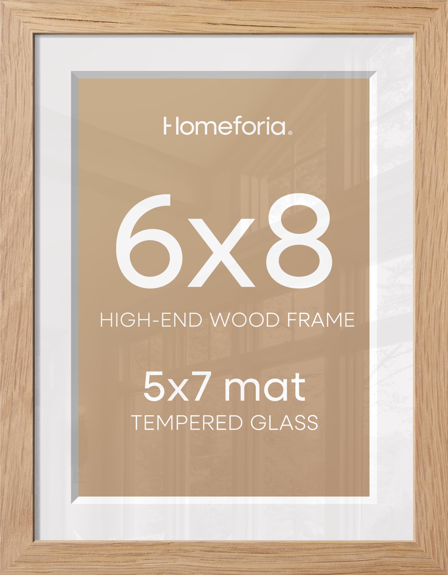 Homeforia 6x8 Natural Oak Picture Frame, High-End Wood, 5x7 Mat, Glass | High End Solid Oak Wood, Tempered Glass, Acid-Free 5x7 Removable Mat, 6x8 Edge-to-Edge Display 8x6, Wall Kit, Set Of 4