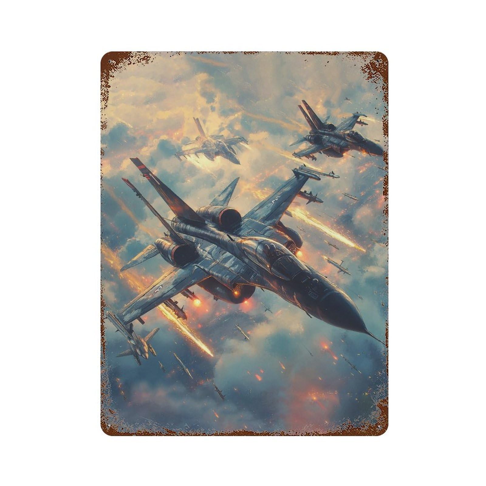 Distressed Metal Wall Sign with Fighter Jet Aerial Combat Design 15.7"x11.8", for Office, Studio And Wall Decor, Industrial Home Decor