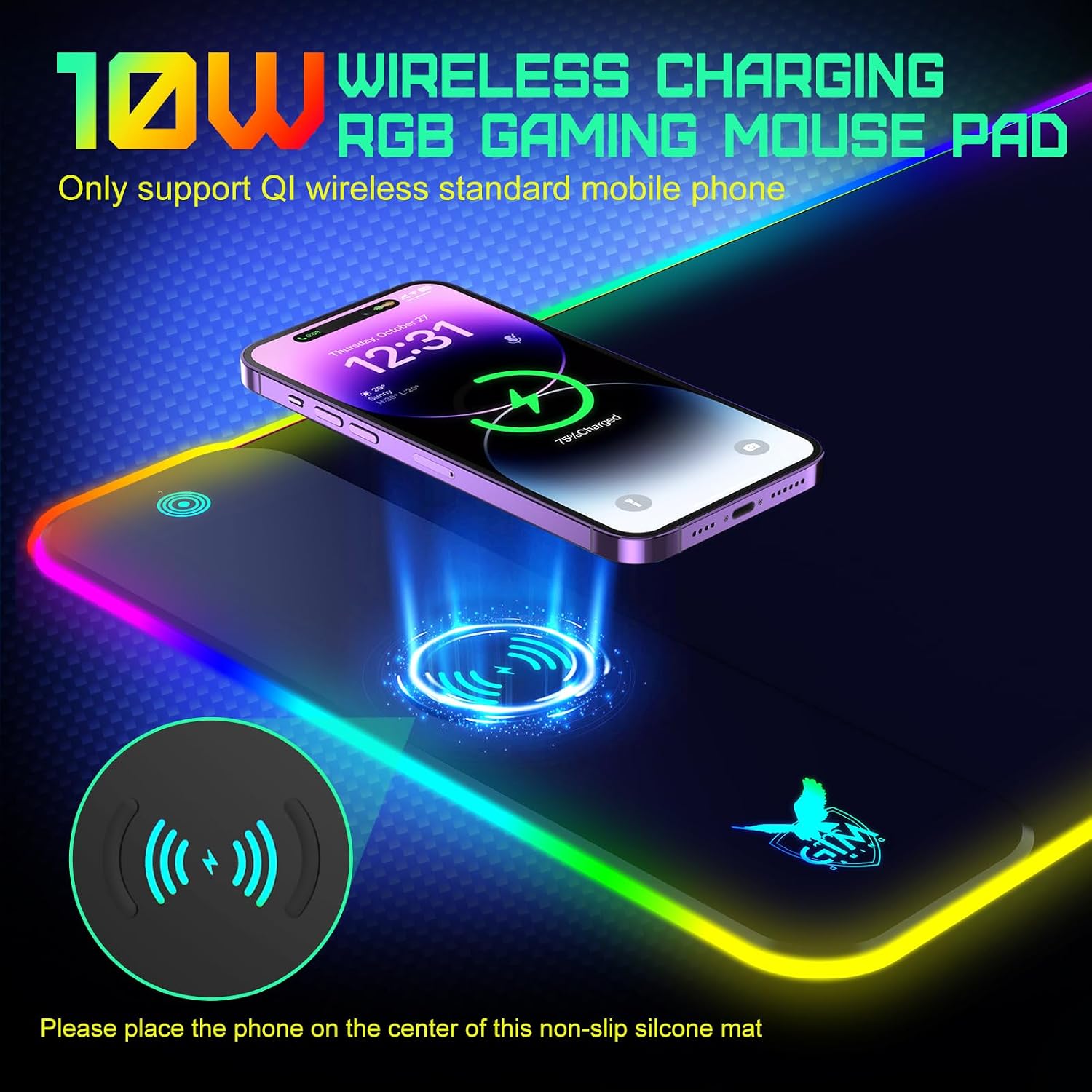 GIM RGB Mouse Pad with Wireless Charging, Extended Gaming Mouse Mat Pad with Non-Slip Rubber Base 10 Lighting Modes 4mm Ultra Thick for Home and Office1