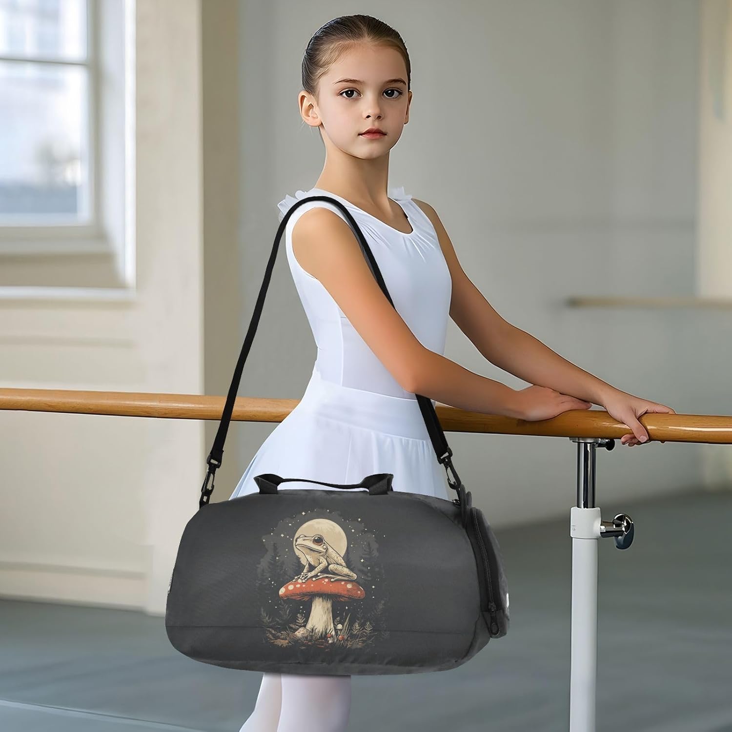 Mushroom Moon Frog Black Kids Travel Duffel Bag for Boys Girls Overnight Weekend Tote Bag with Shoes Compartment for Trip Beach Swim