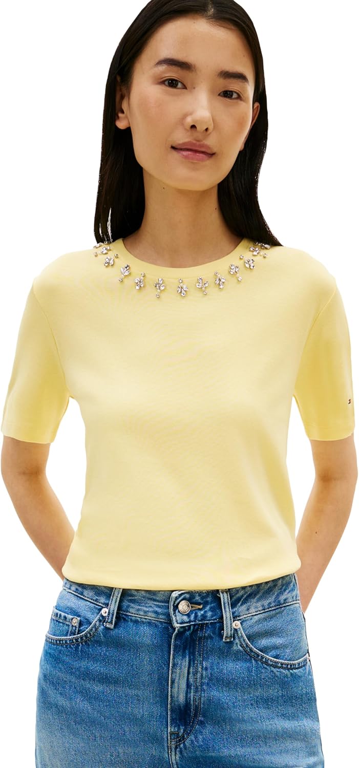 Tommy Hilfiger Women's Short Sleeve Cotton Crew Neck T-Shirt with Collar Embellishment