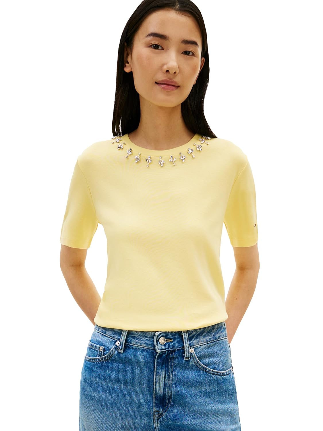 Tommy Hilfiger Womens Short Sleeve Cotton Crew Neck T-Shirt with Collar Embellishment
