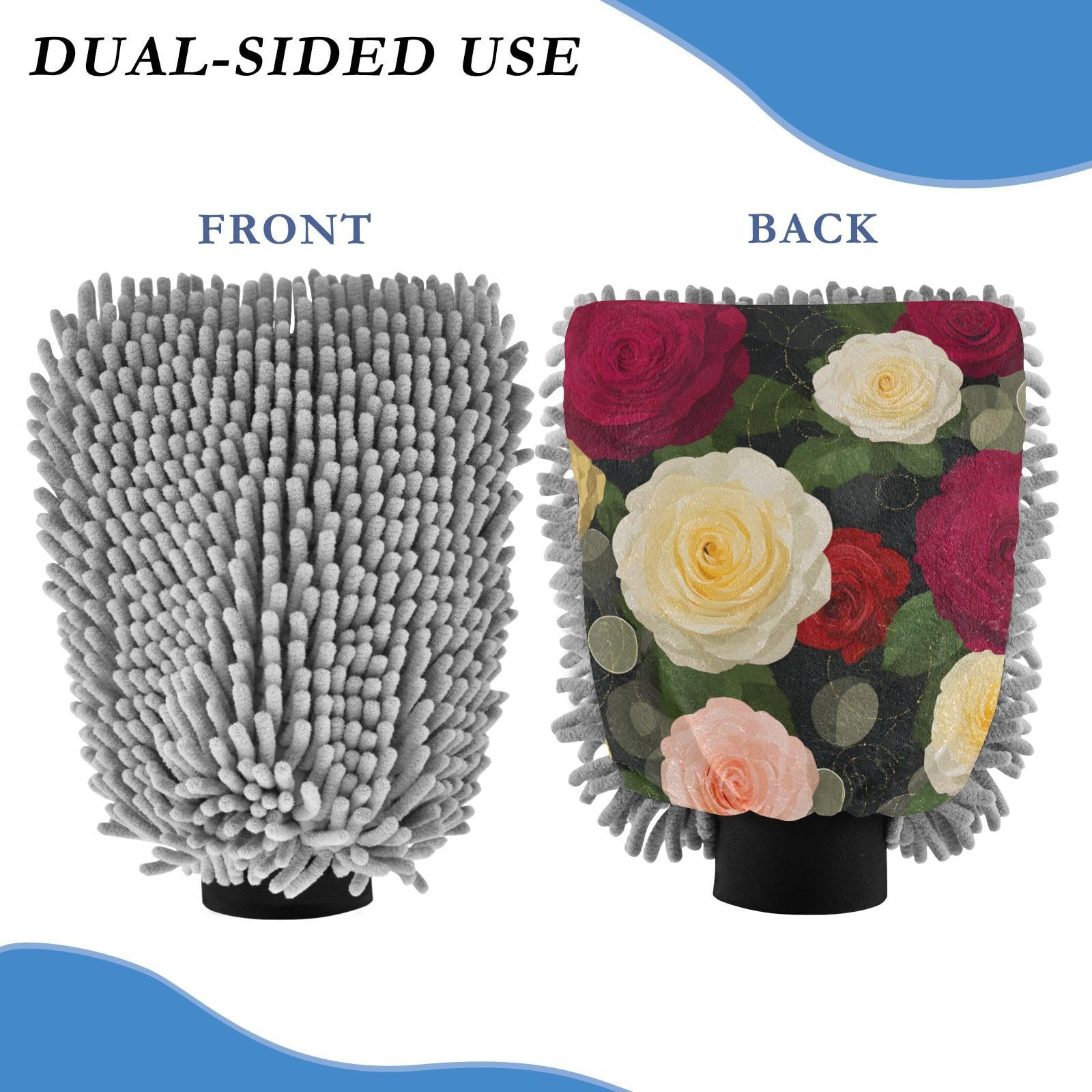 ALAZA Rose Flowers Floral Car Wash Mitt Scratch Free, 2 Pack Absorbent Microfiber/Chenille Washing & Drying Mitts, M