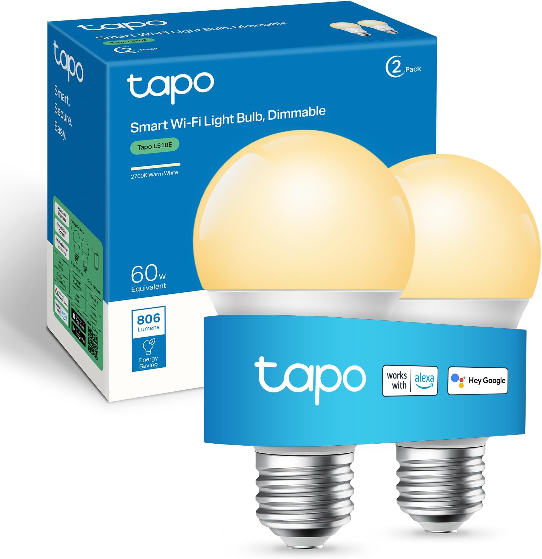 L510E (2-Pack) E27 Smart Bulb, Alexa Light Bulb, WiFi Smart Light Bulb, Dimmable, 8.3W (60W), Schedule & Timer, Away Mode, Energy Saving, Preset for Convenience, Voice Control with Alexa & Google