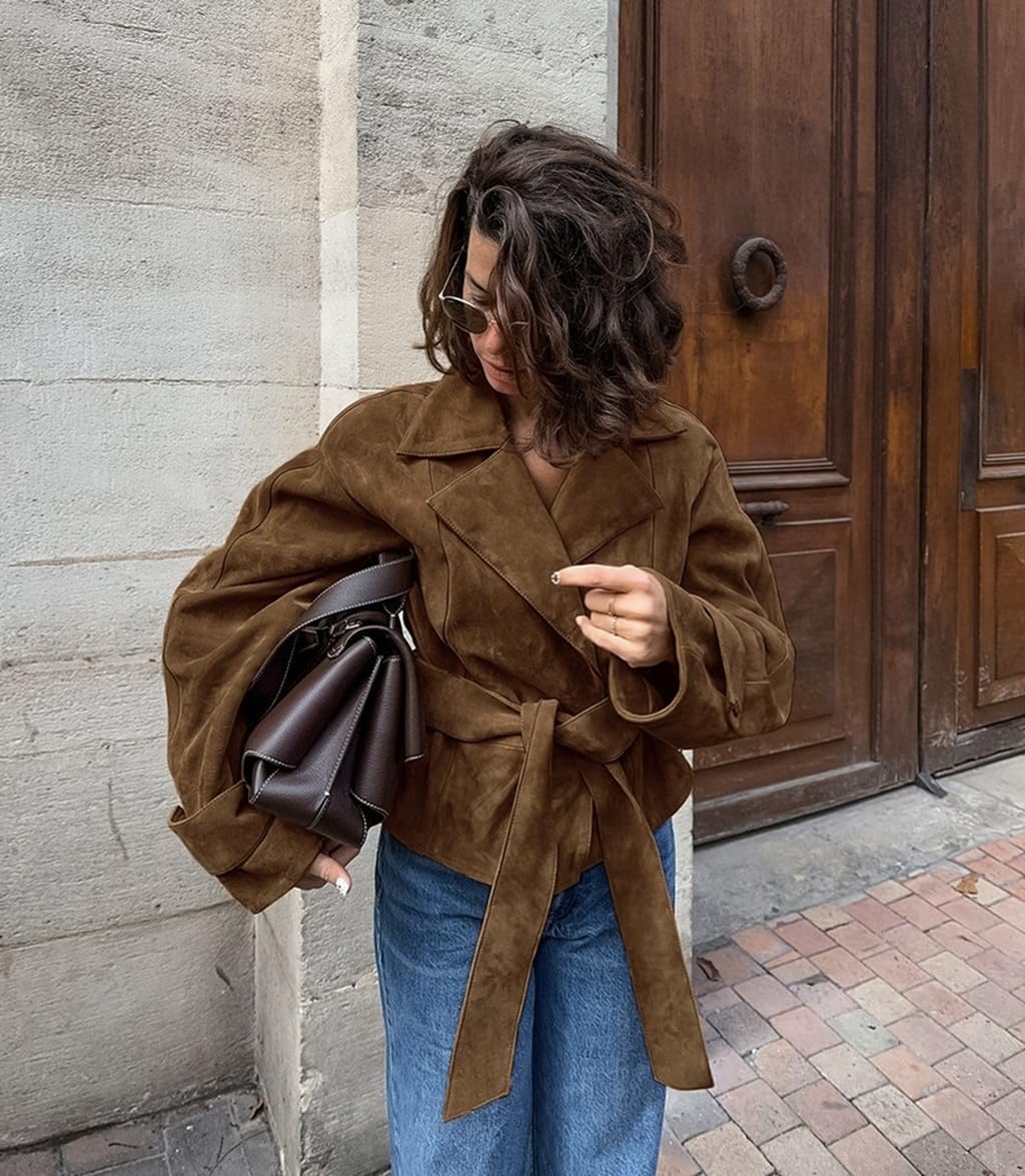 RISCUYY Suede Jacket Women Brown Belted Long Sleeve Lapel Button Down Cropped Faux Suede Jacket Women 2025 - Image 2