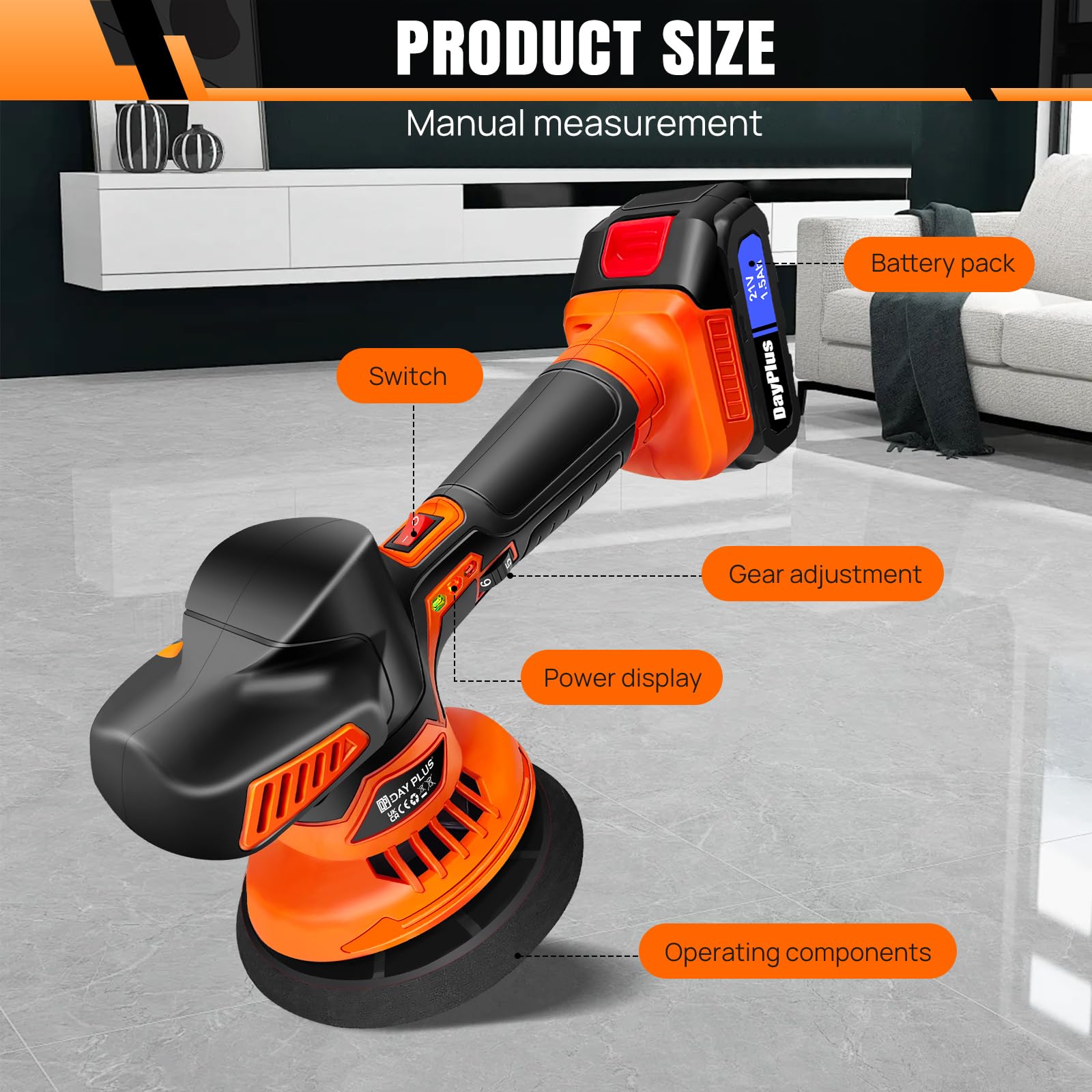 Pulidora inalámbrica de 21 V con ajuste de 6 velocidades y 2 baterías de iones de litio, pantalla de nivel de disco de 125 mm a 150 mm, potencia de entrada máxima de 110 W para pulido