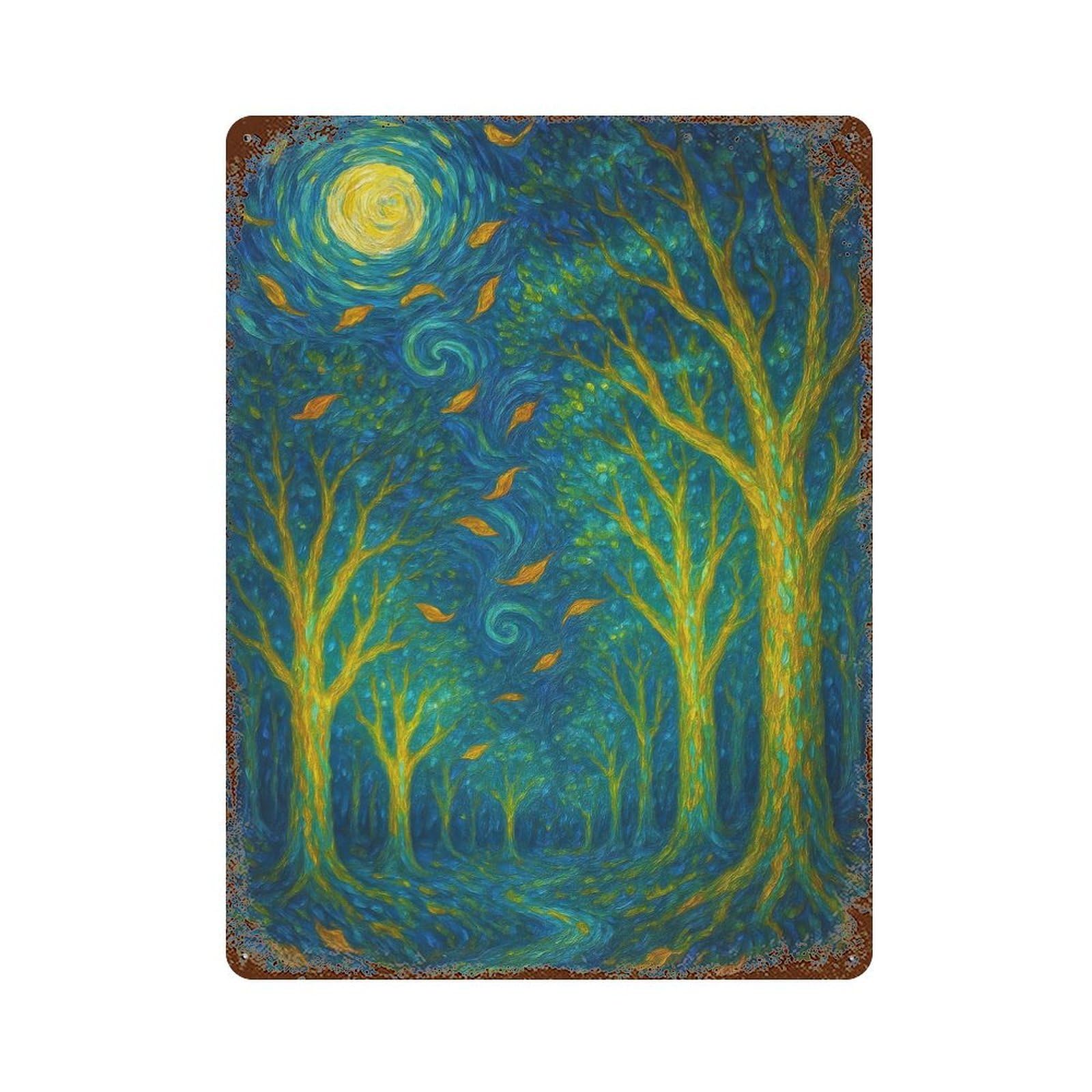 Enchanted Forest Under A Swirling Sky Rusty Metal Tin Sign 15.7"x11.8", for Shed, Workshop And Garage Wall Decor, Shabby Chic Decor
