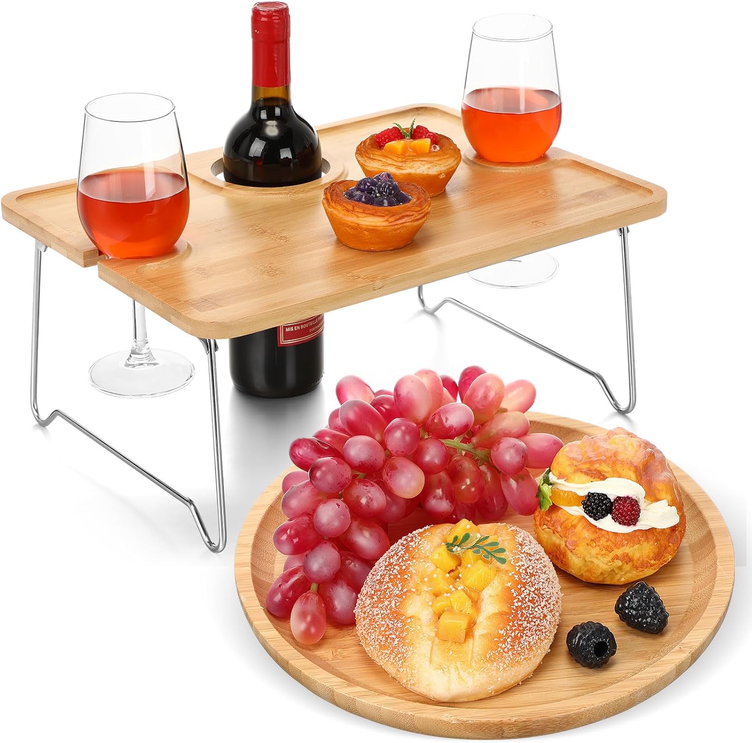 Willinglong Picnic Foldable Wine Table with Bamboo Plate Kit, Handmade Handle Portable Bamboo Tray Table with Food Plate for 2 Outdoor Camping Picnic Wine Set Gift for Couples