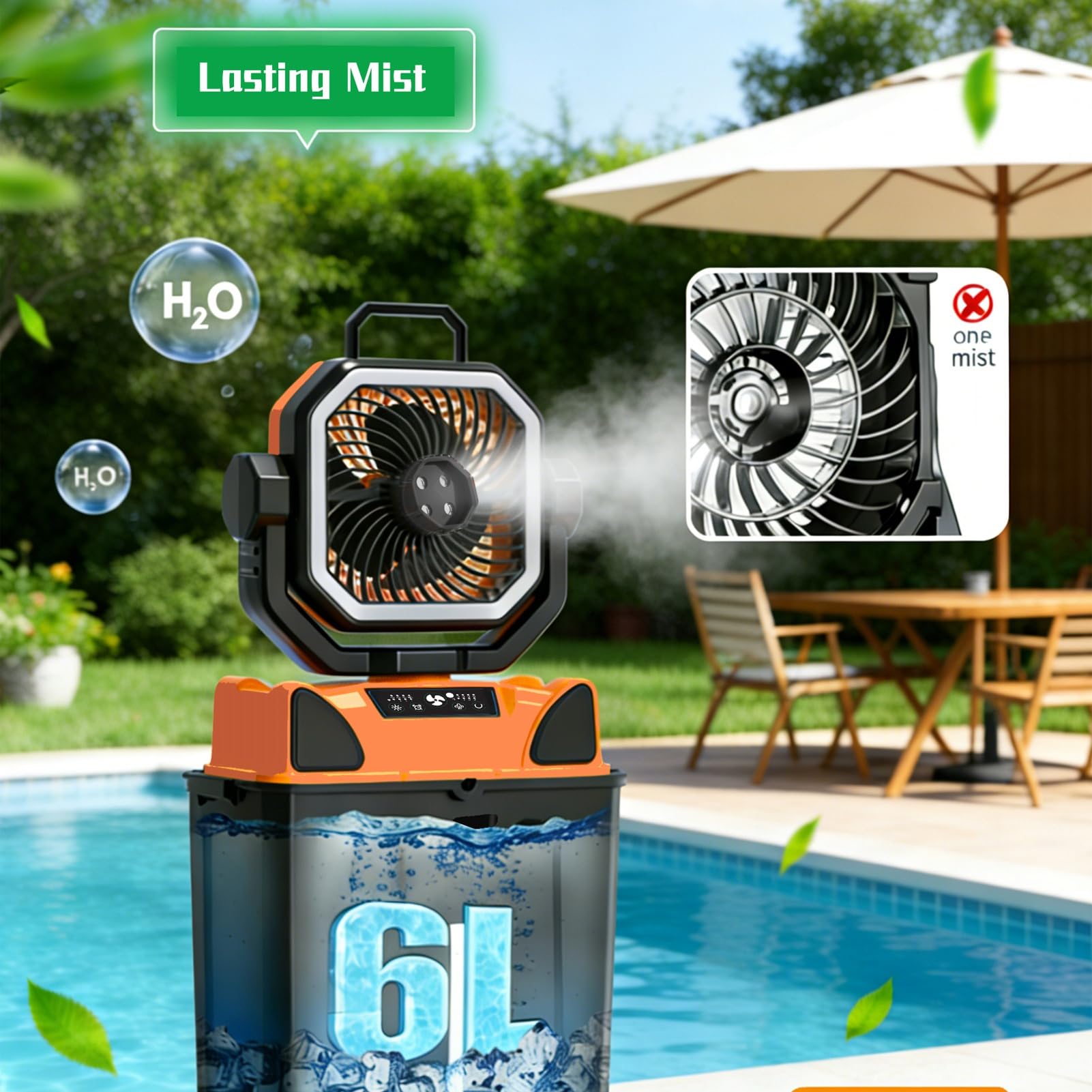 Alomejor Ventilatore da Campeggio Ricaricabile con Serbatoio Dell'acqua da 6 Litri Ventilatore Nebulizzante Portatile a velocità del Regolabile per attività All'aperto