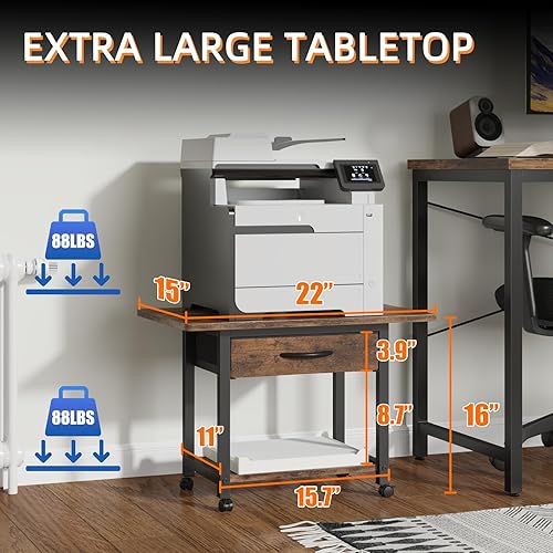 Miniatura 8 de YAOHUOO - Soporte grande para impresora con cajón de almacenamiento, mesa bajo escritorio de 2 niveles para el hogar u oficina, se adapta a máquinas