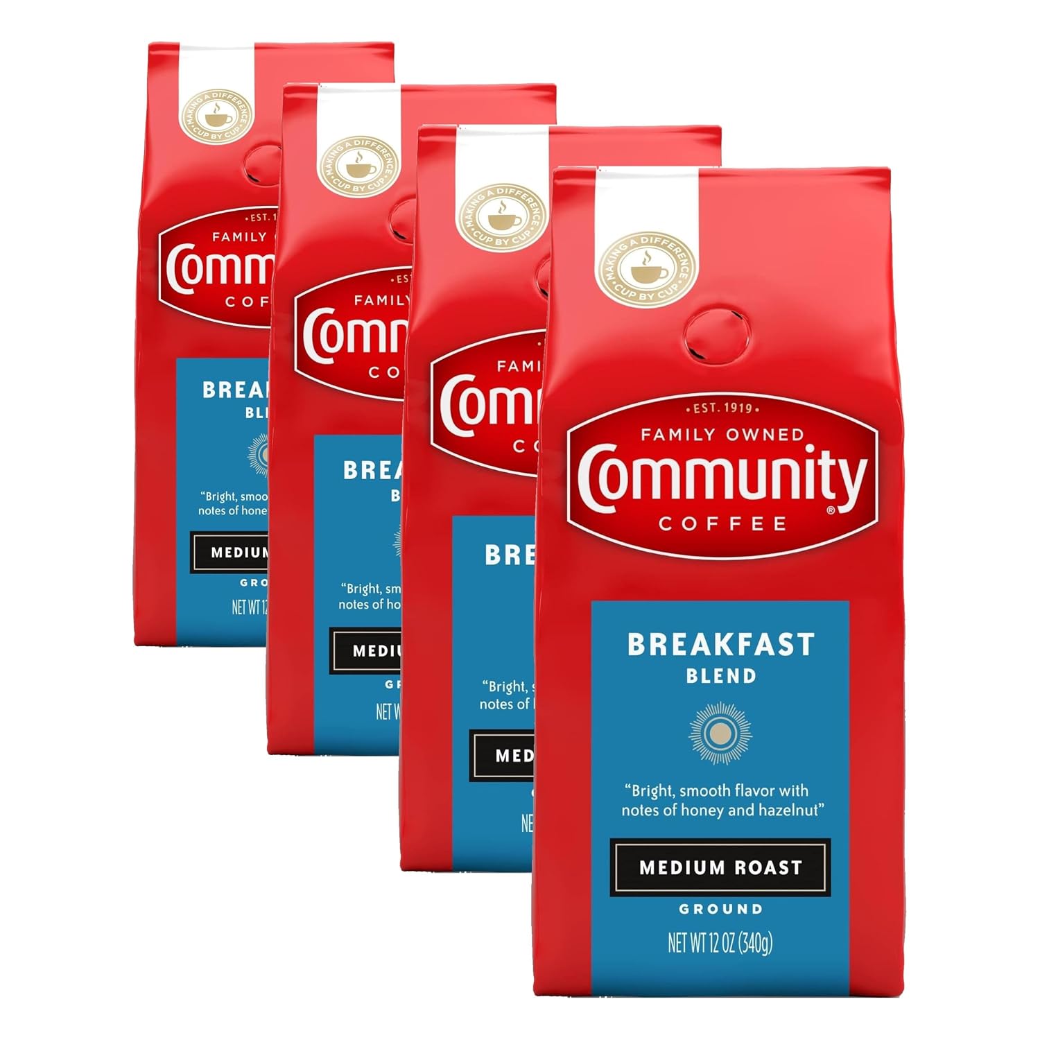 Community Coffee Breakfast Blend, Ground Coffee, Medium Roast, 12 Ounce Bag (Pack of 4)