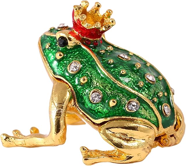H&D Mini Frog Prince Hinged Jewelry Box,Metal Die Cast Animal Figurines Trinket Box Ring Holder